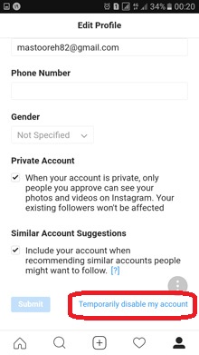 temporarily disable instagram account